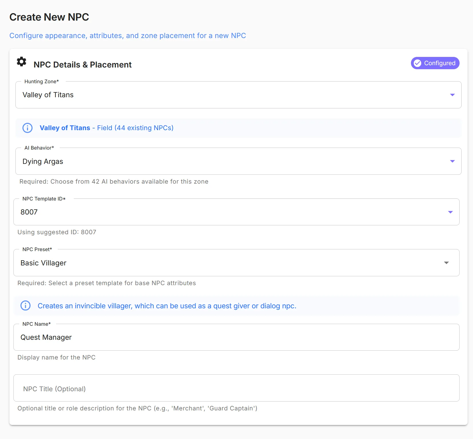 Create New NPC — configured form